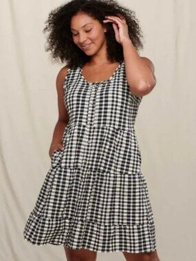 Toad&Co Manzana Tiered Pockets Black White Gingham Mini Dress Large Cottage Boho